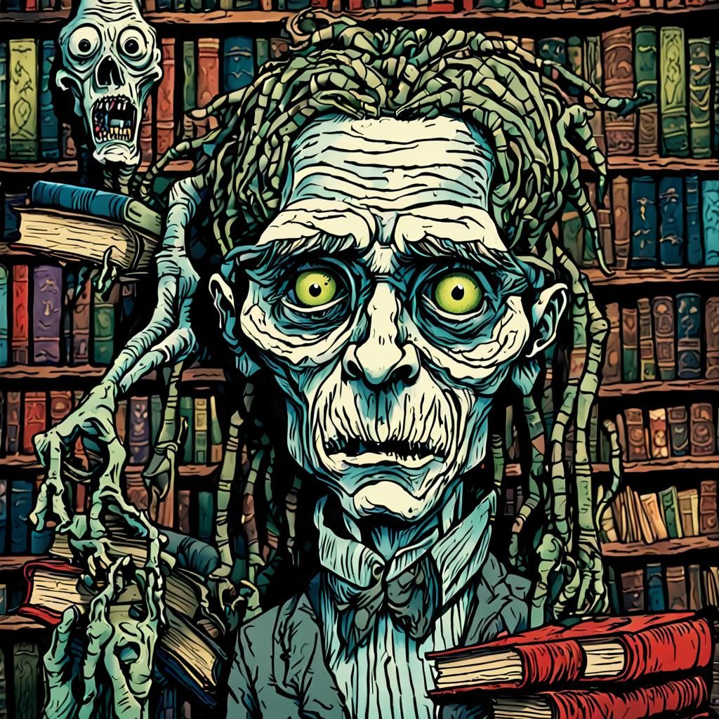 Disturbing Zombie Librarian in Art Brut Style