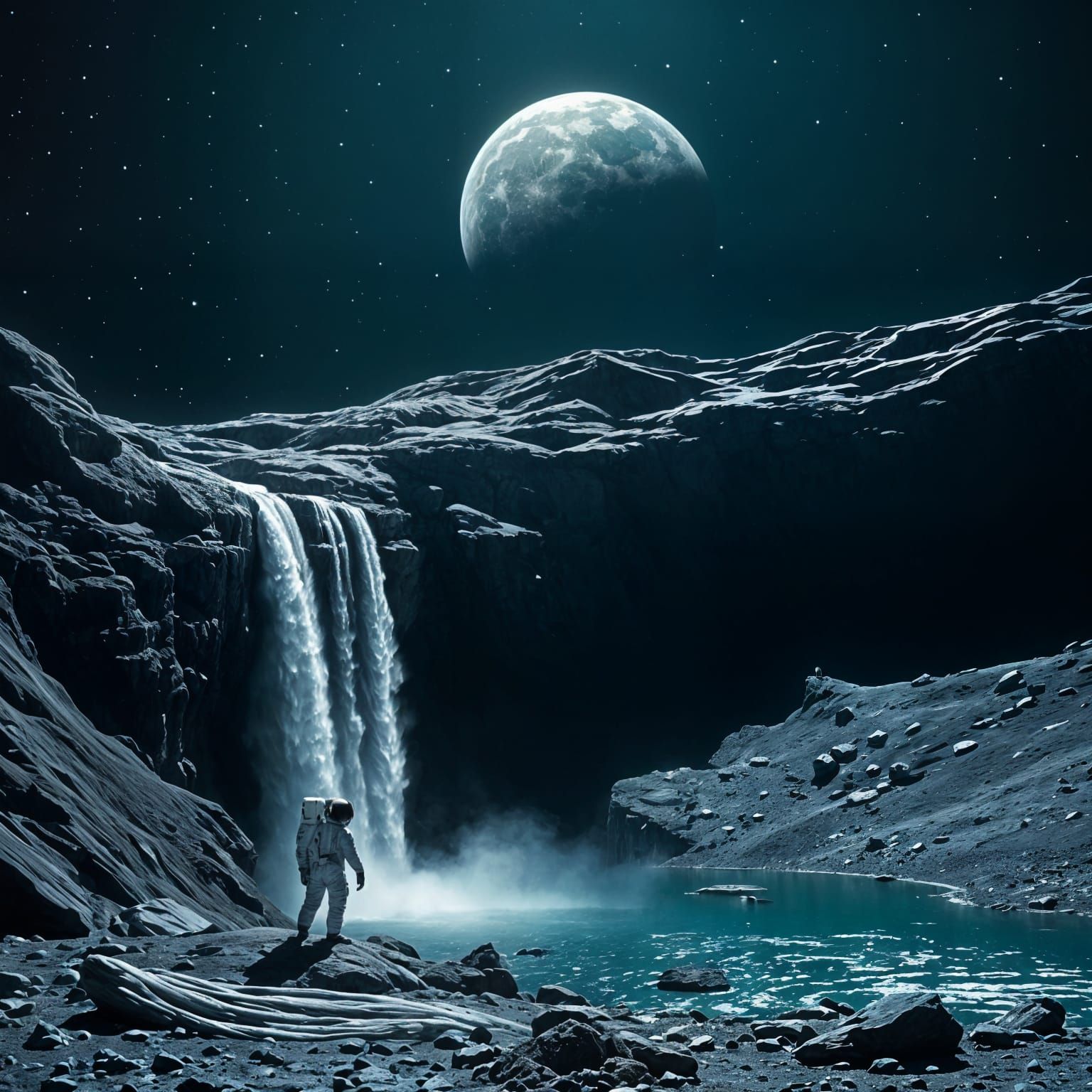 Lunar Waterfall With Astronaut and Earth View
