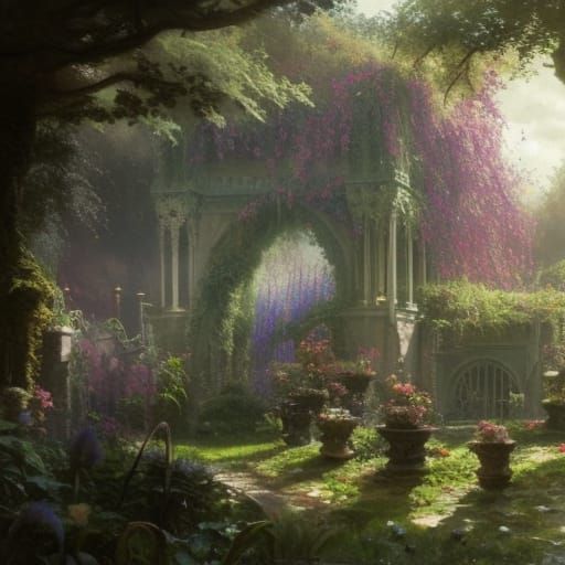 High Gothic Victorian Garden in Sunlight