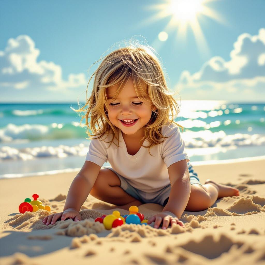 Joyful Boy Plays in Sand by the Shimmering Sea