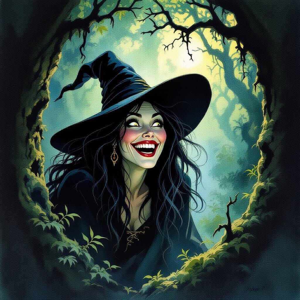 Witch Laughing in Ancient Forest Gouache Painting