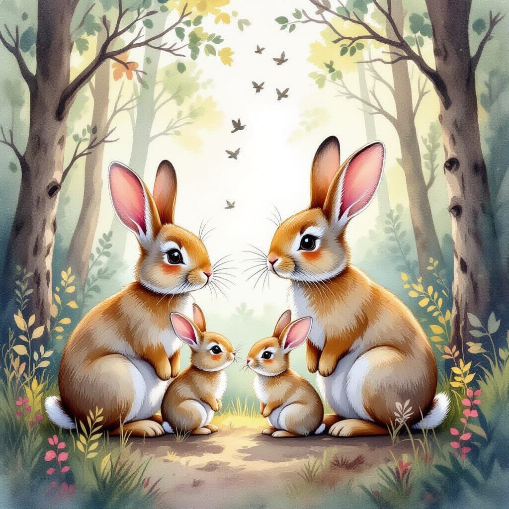 Gothic Watercolor Rabbit Family in Enchanted Forest