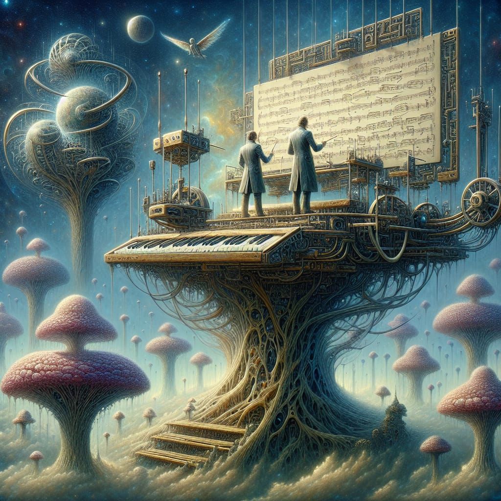 Surreal Figures Compose Melodies in Twilight Realm