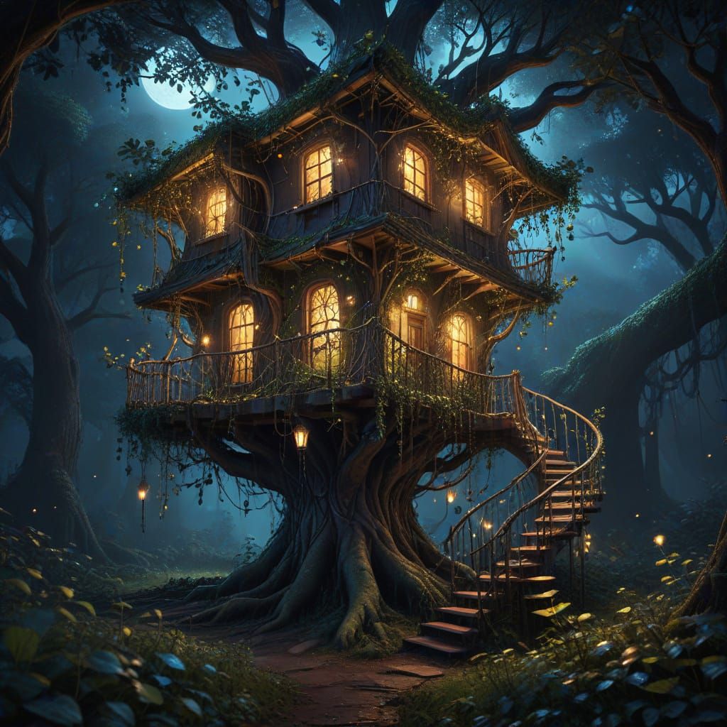Enchanted Treehouse in Dark Forest Oil Painting