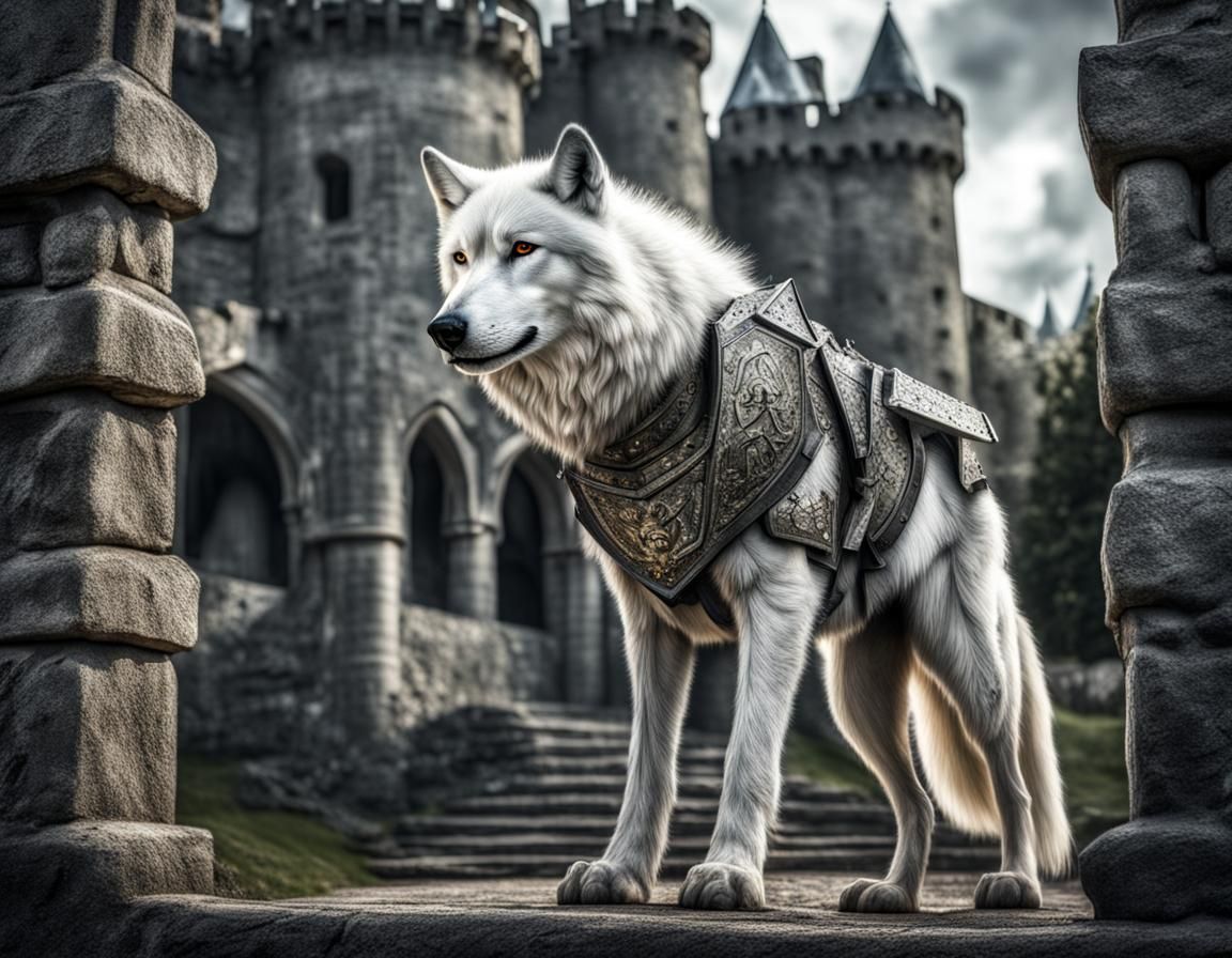 Armored White Wolf Protecting a Castle