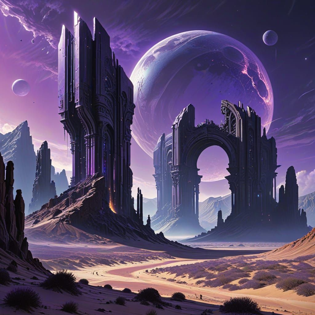 Surreal Desert Landscape Under Triple Moons in a Violet Star...