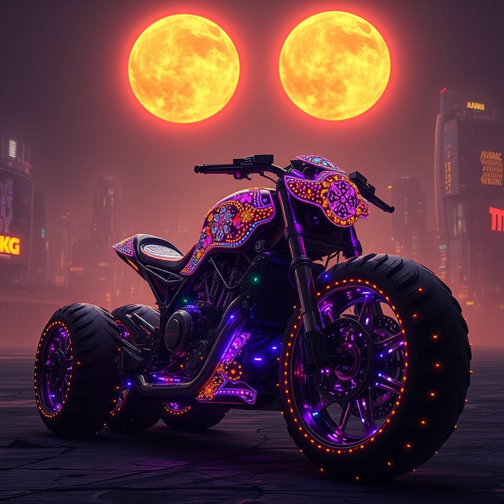 Dystopian Space City Behemoth Motorcycle in a Kaleidoscope o...