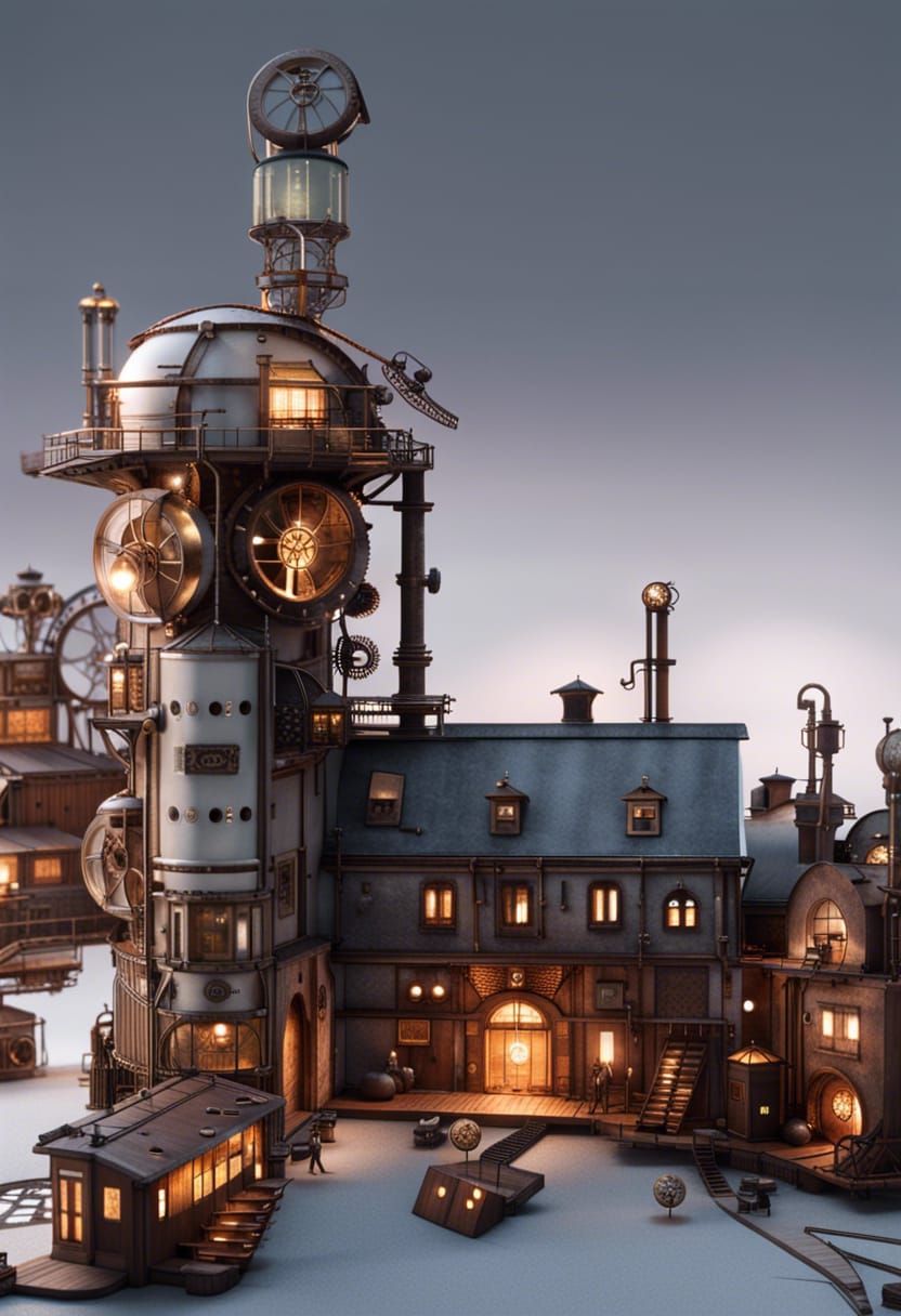 Steampunk Factory Model at Night