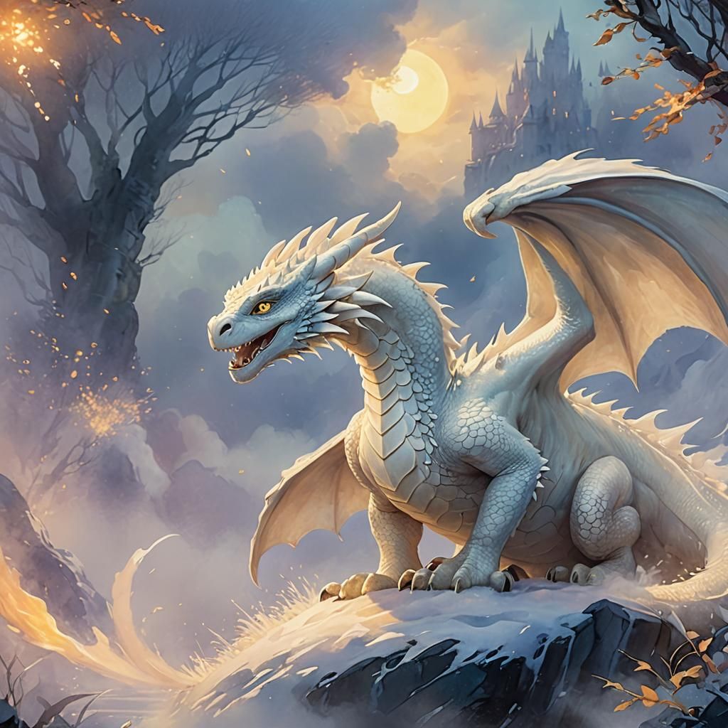 Ethereal Light Fury Dragon in Watercolor Style