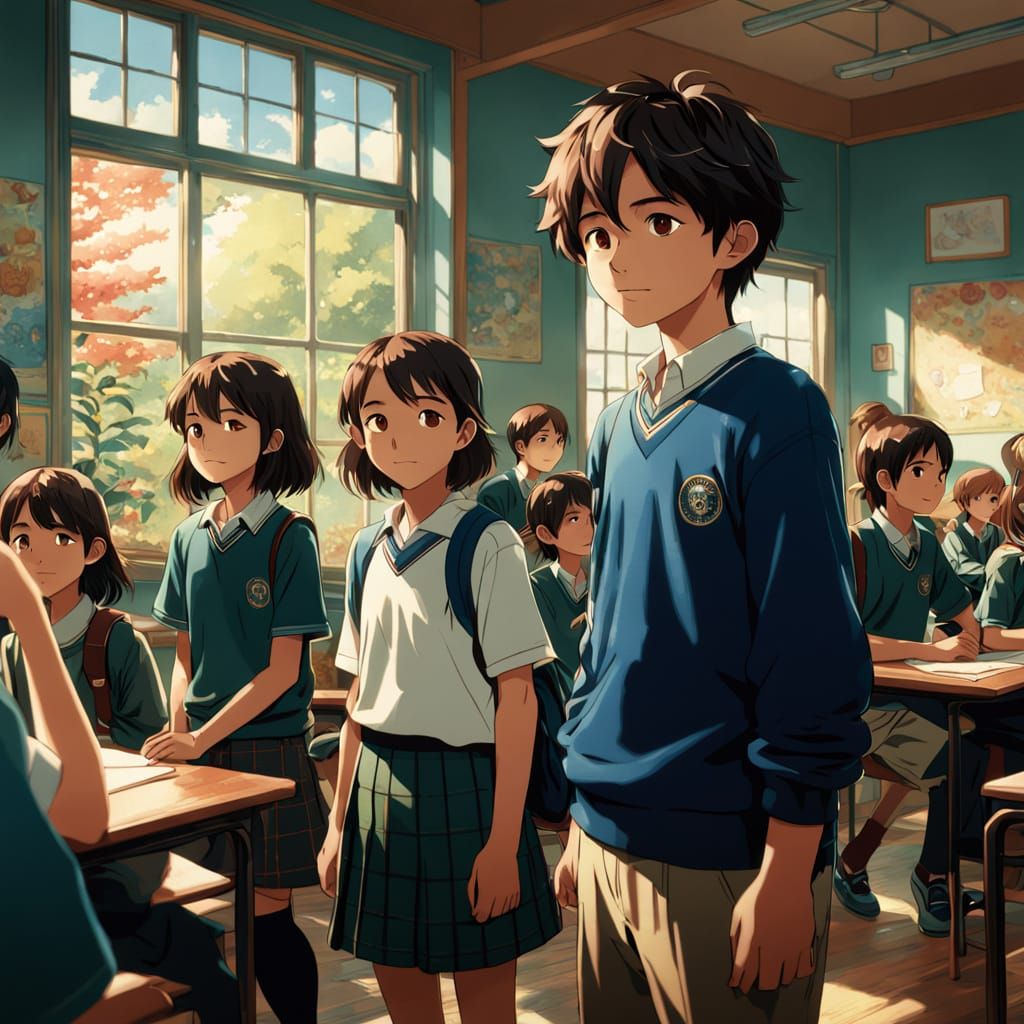 Anime-Inspired Boy in Whimsical Classroom Setting
