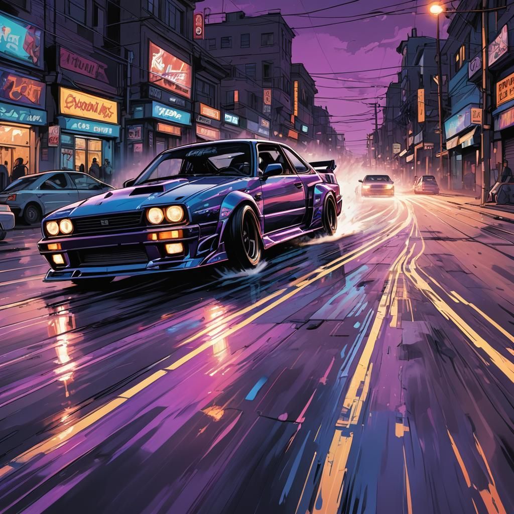Car Drifting on Neon Streets in Comic Book Style
