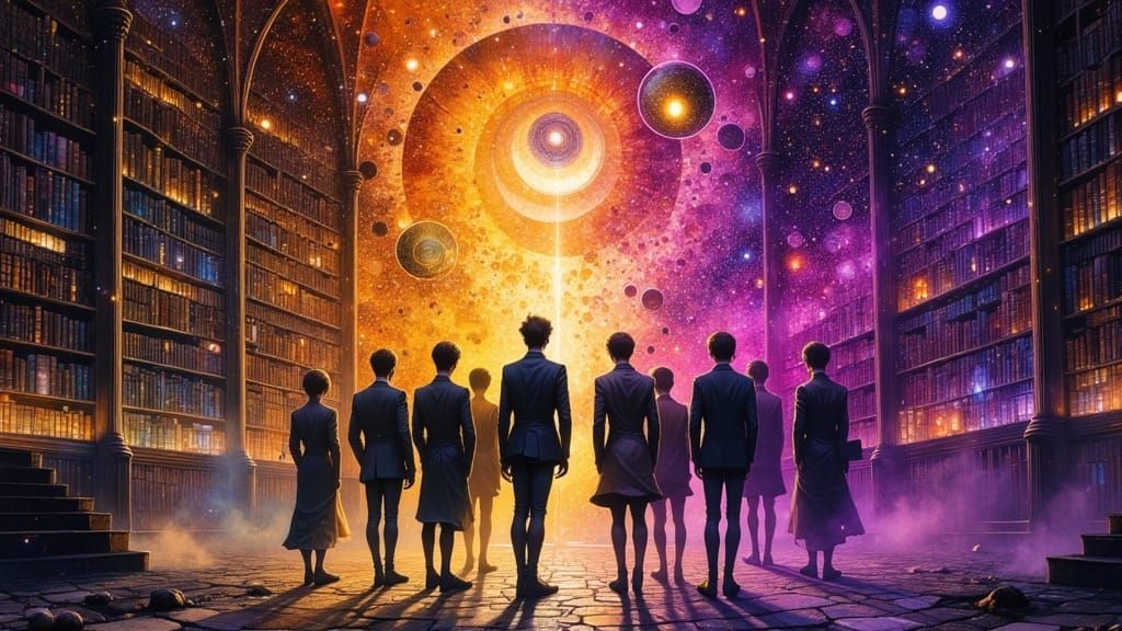 Men Absorbing Wisdom in a Surreal Library