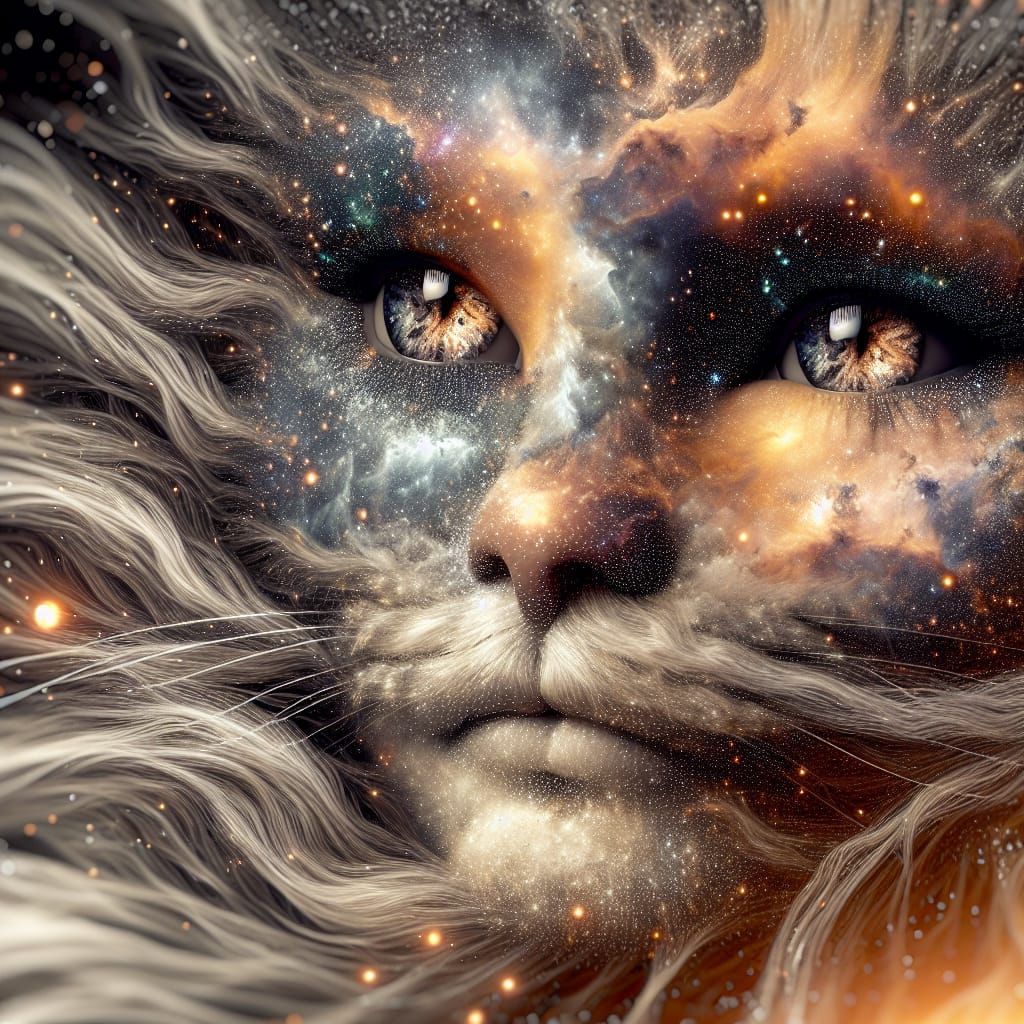 Cosmic Woman and Calico Cat in Dreamy Celestial Art