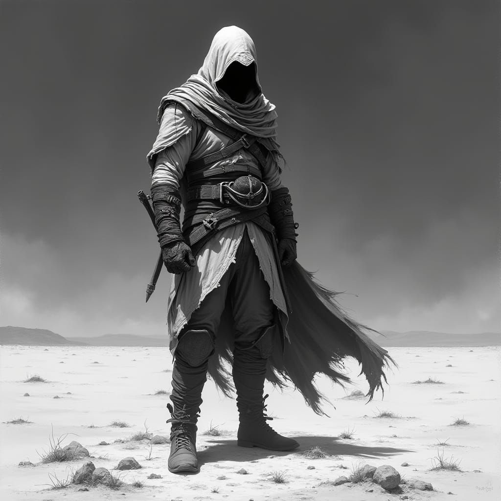 Mysterious Desert Assassin in a Haunting Black and White Lan...
