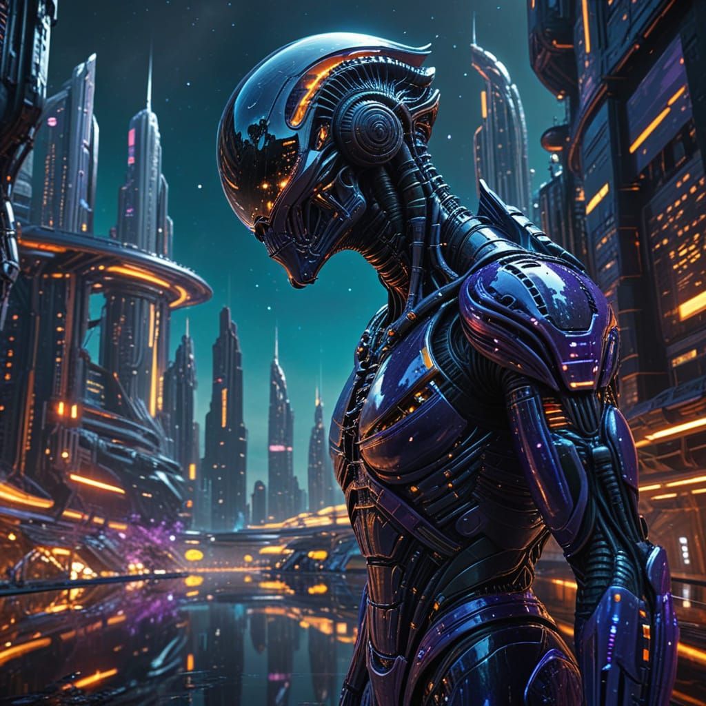 Cyberpunk Alien in Futuristic Space Station
