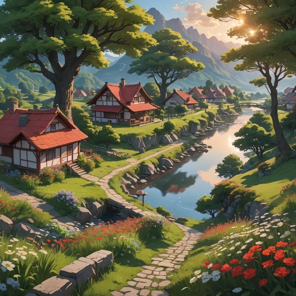 Riverside Village: 3D Anime Landscape with Flower Meadows