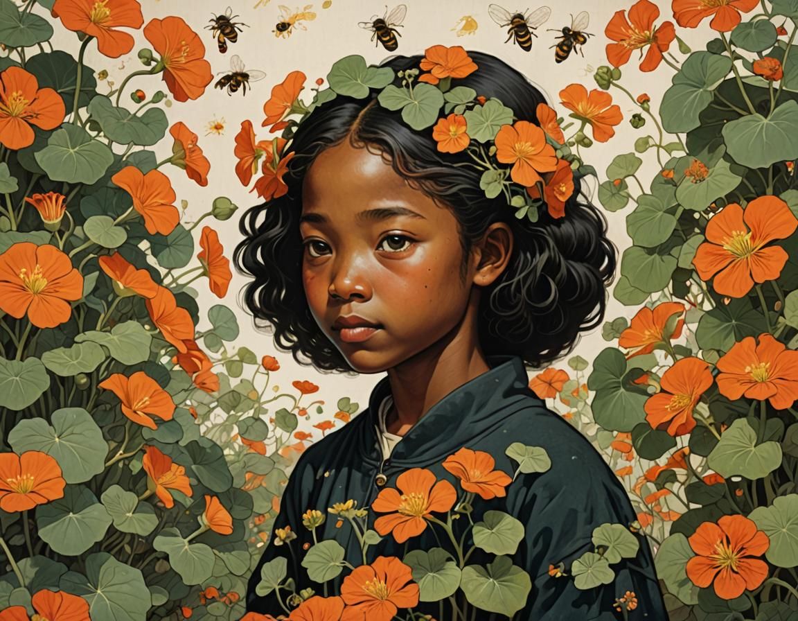 Black Child with Nasturtiums in Ukiyo-e Style