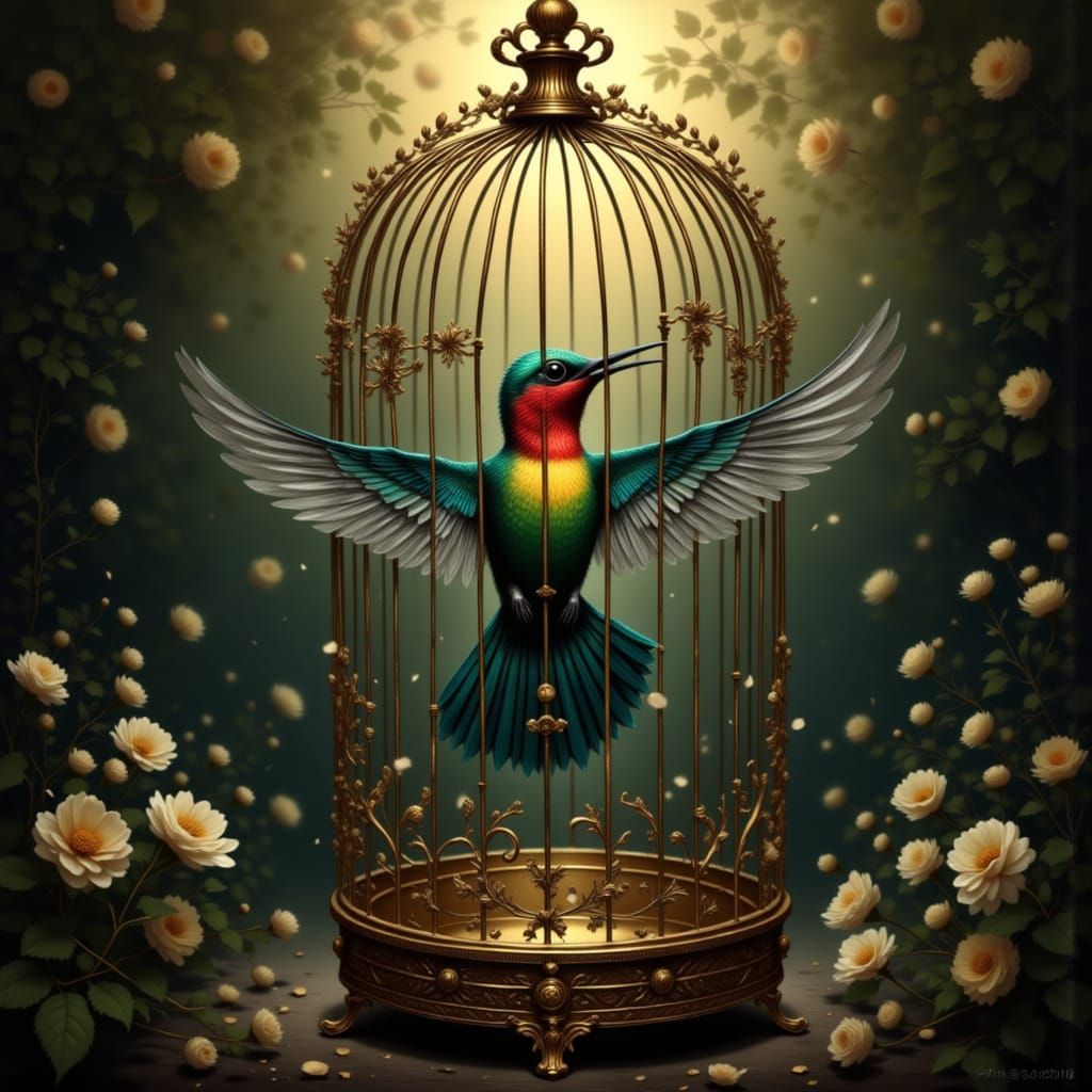 Hummingbird in Gilded Cage, Baroque Style