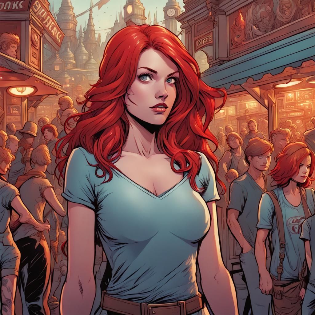 Red-Haired Woman in Theme Park, Comic Book Art