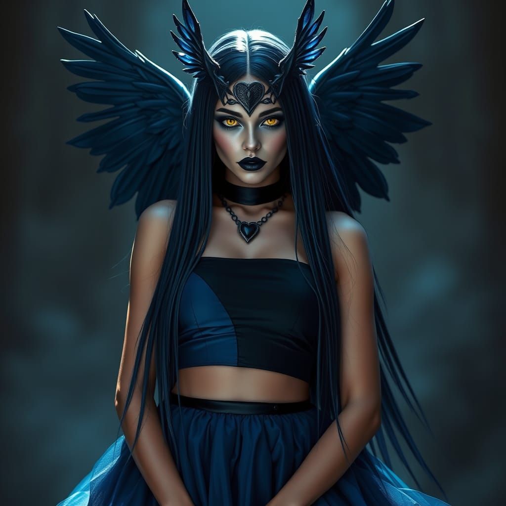 Mystical Woman with Dark Blue Wings and Owl-Inspired Eyes