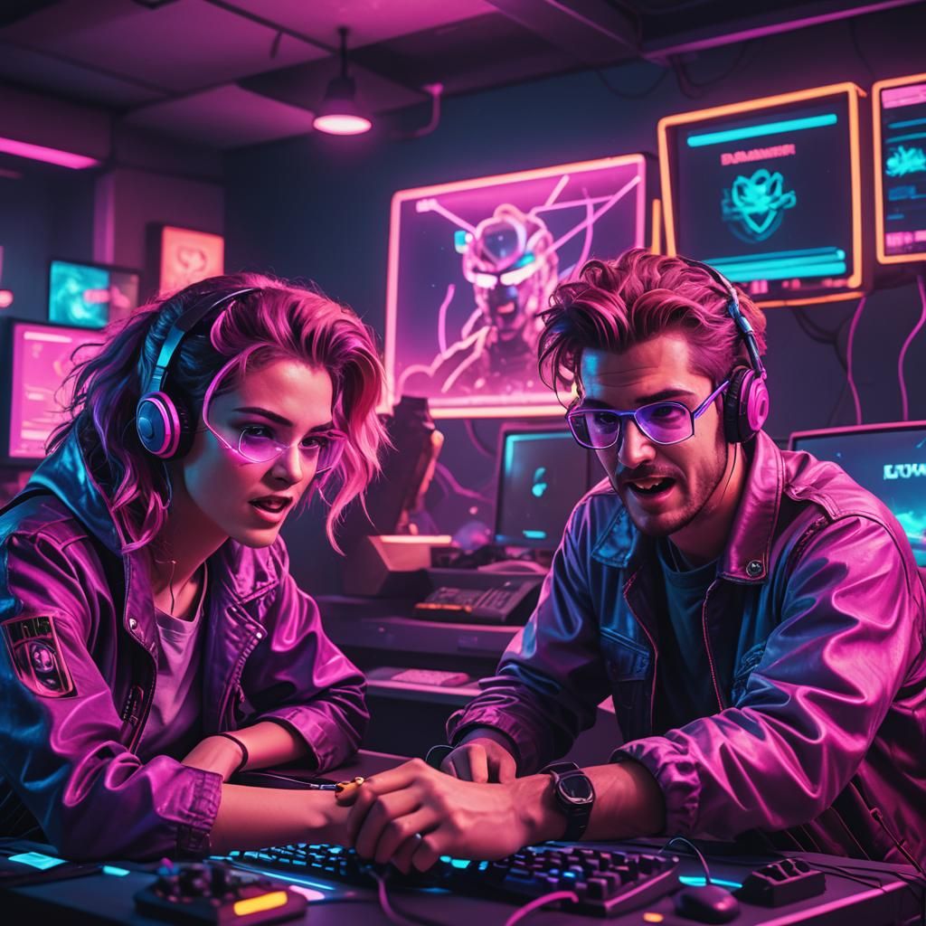 Frustrated Gamers in Synthwave Neon Retro Style