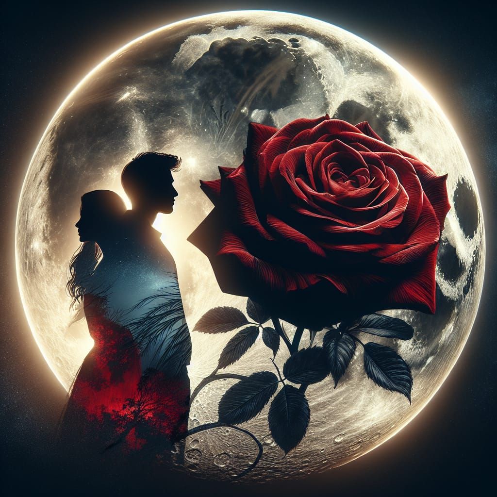 Romantic Moonlit Silhouette with Red Rose