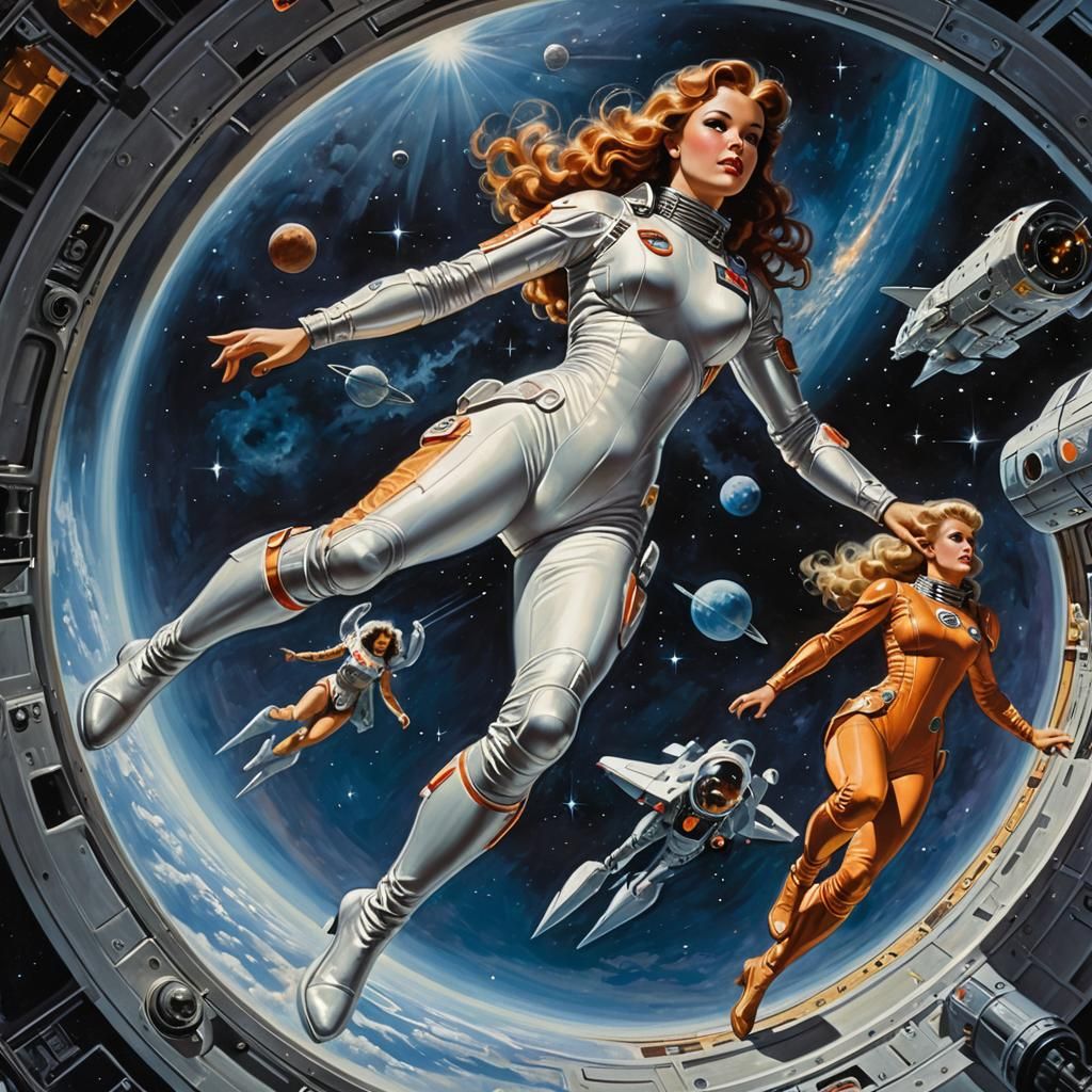 Woman Floating Near Silver Spaceship in Space