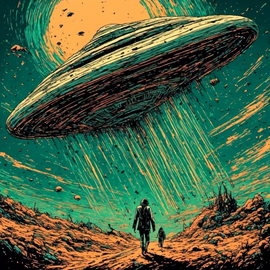 Retro Sci-Fi UFO Landing Vector Art