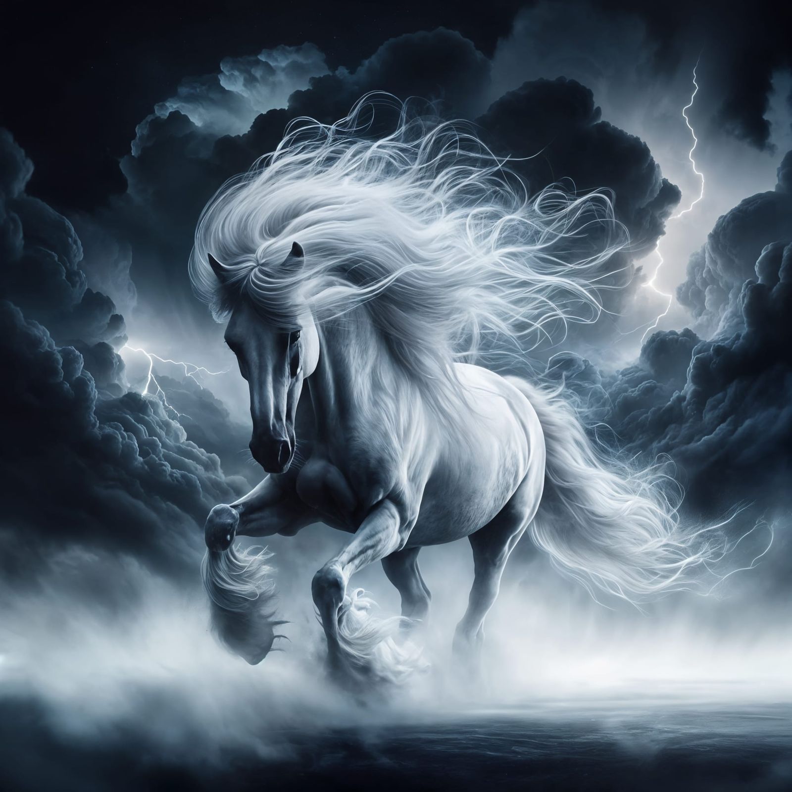 Majestic Hyperrealistic White Stallion Charges Through a Sto...