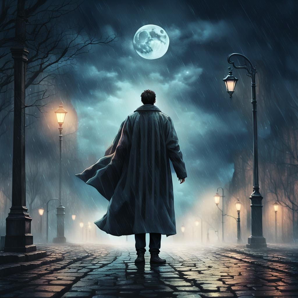 Moonlit Figure in Rainy Fantasy Digital Illustration