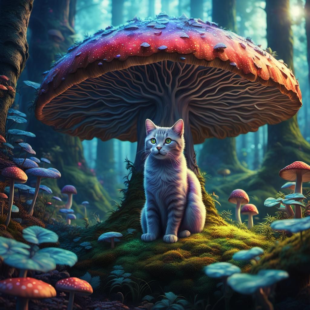 Cat on Mushroom in Dreamlike Forest: Digital Painting