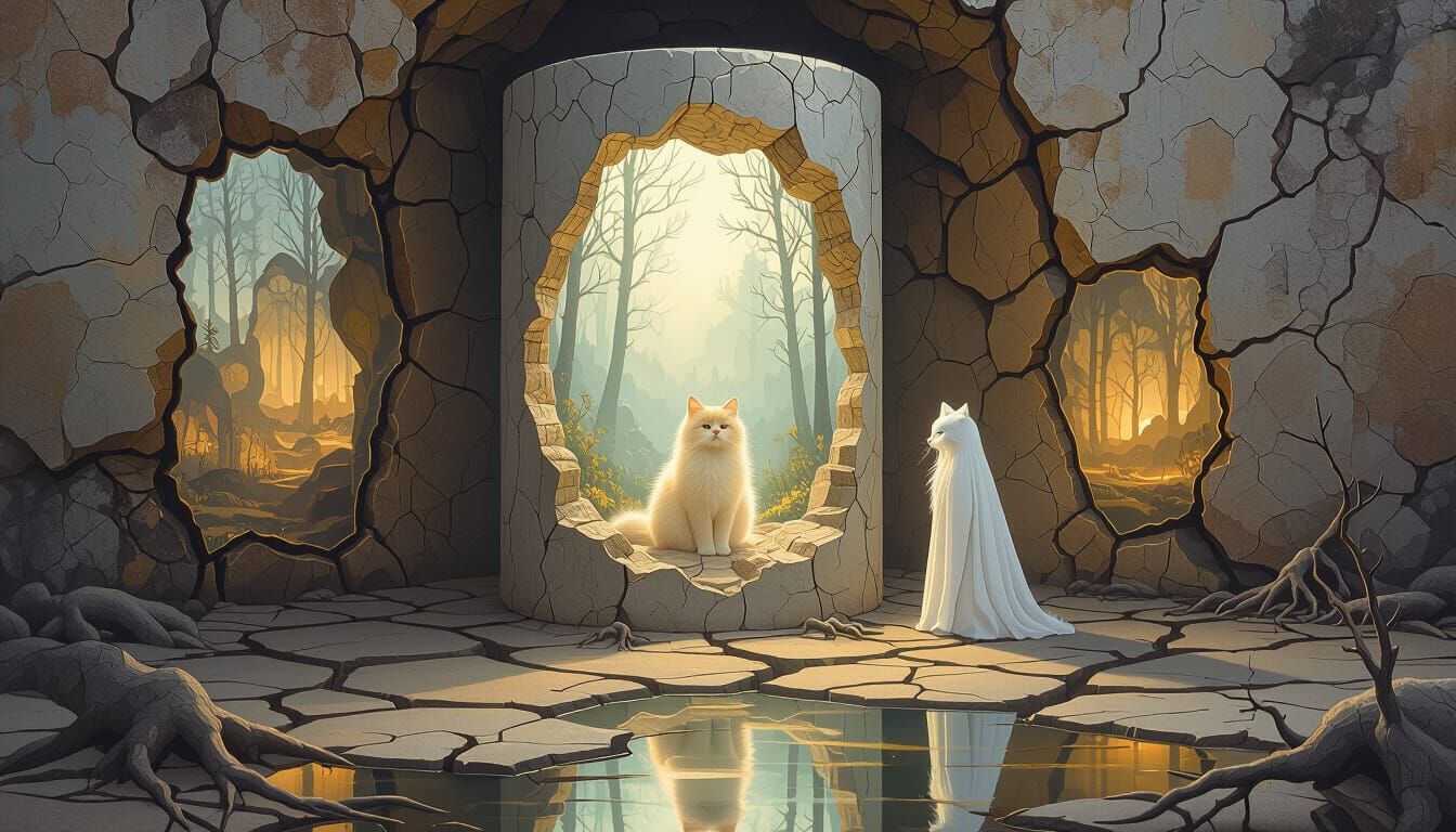 Surreal Fossil Structure with Cat in Misty Worlds