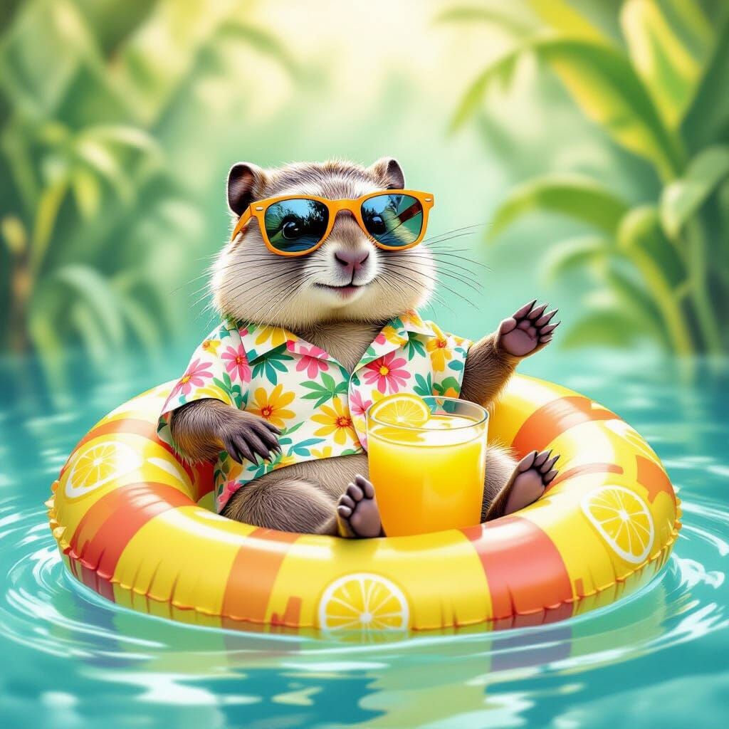 Sloth Lounging in Lemonade Glass on Inflatable Raft