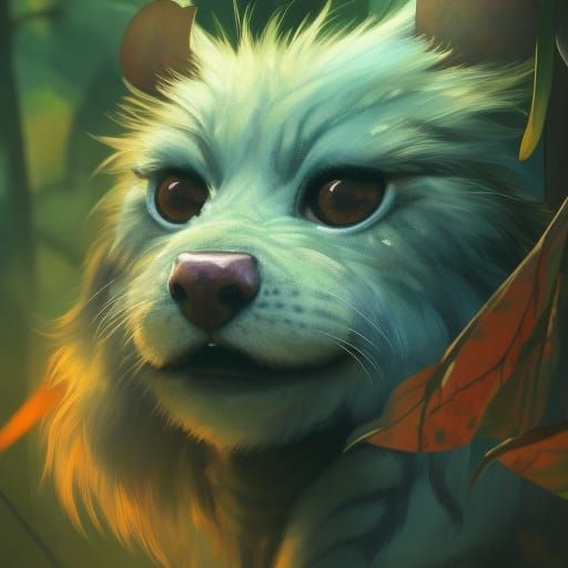 Cute Furry Monster in Jungle Sunset: Digital Art