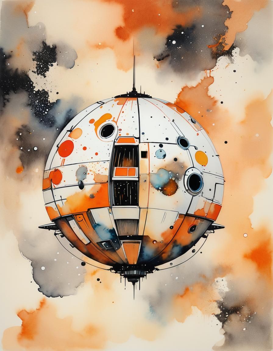 Spaceship Drifting in Deep Space Watercolour Painting