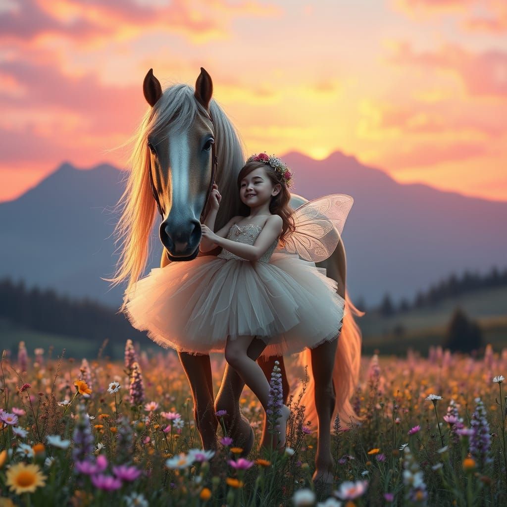 Sugar Plum Fairy Hugs Majestic Horse in Serene Sunset Landsc...