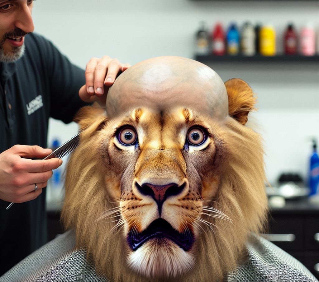Surprised Bald Lion in a Barbershop