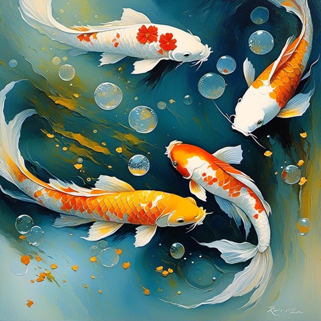 Watercolor Koi Fish in Pond: Impasto Style