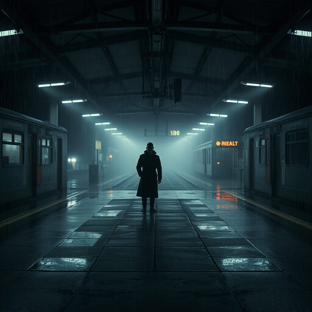 Gloomy Evening Train Station with Lone Figure and Blurred Li...