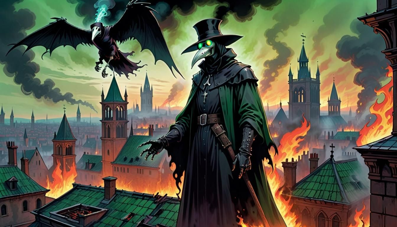 Plague Doctor Overlooks Burning Gothic City