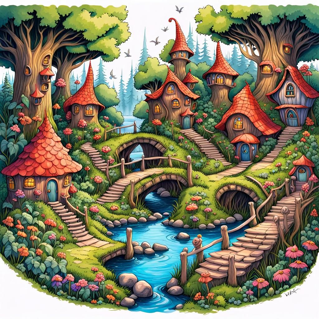 Enchanted Forest Urban Sketch with Mystical Creatures