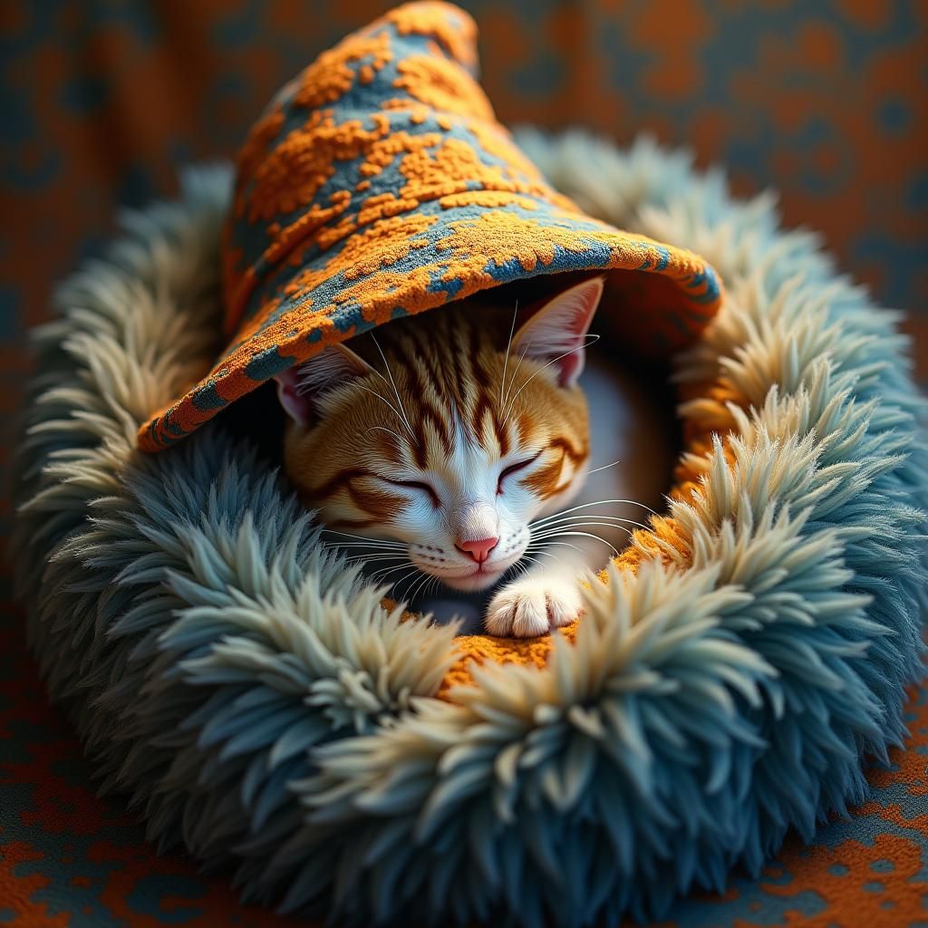 Calico Cat Dreams in Fur Hat: Fantasy Art