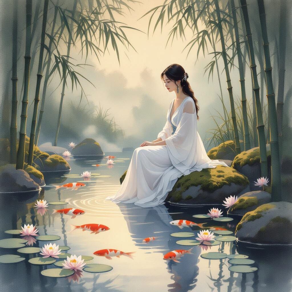 Twilight Koi Pond Scene in Watercolor Style