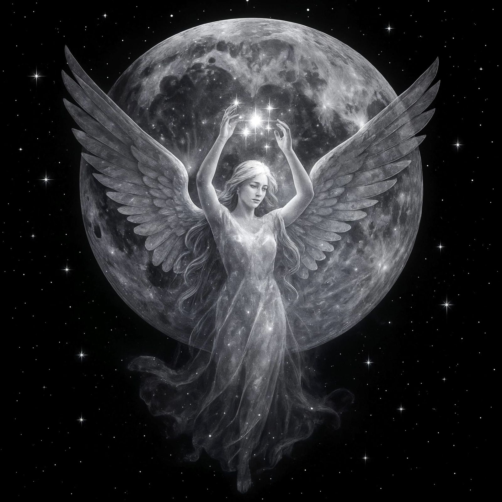 Ethereal Angel Double Exposure with Moon in Grayscale