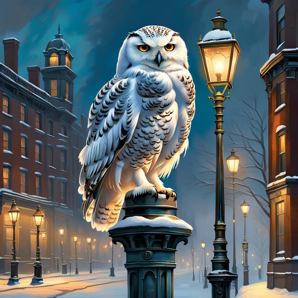 Snowy Owl on Victorian Lamppost in Cityscape