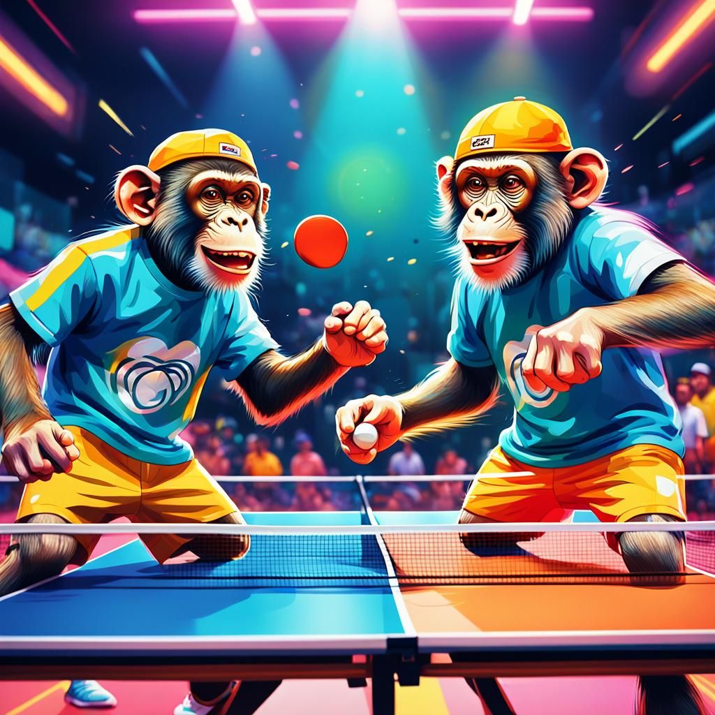 Monkeys Play Table Tennis in Vibrant Digital Art