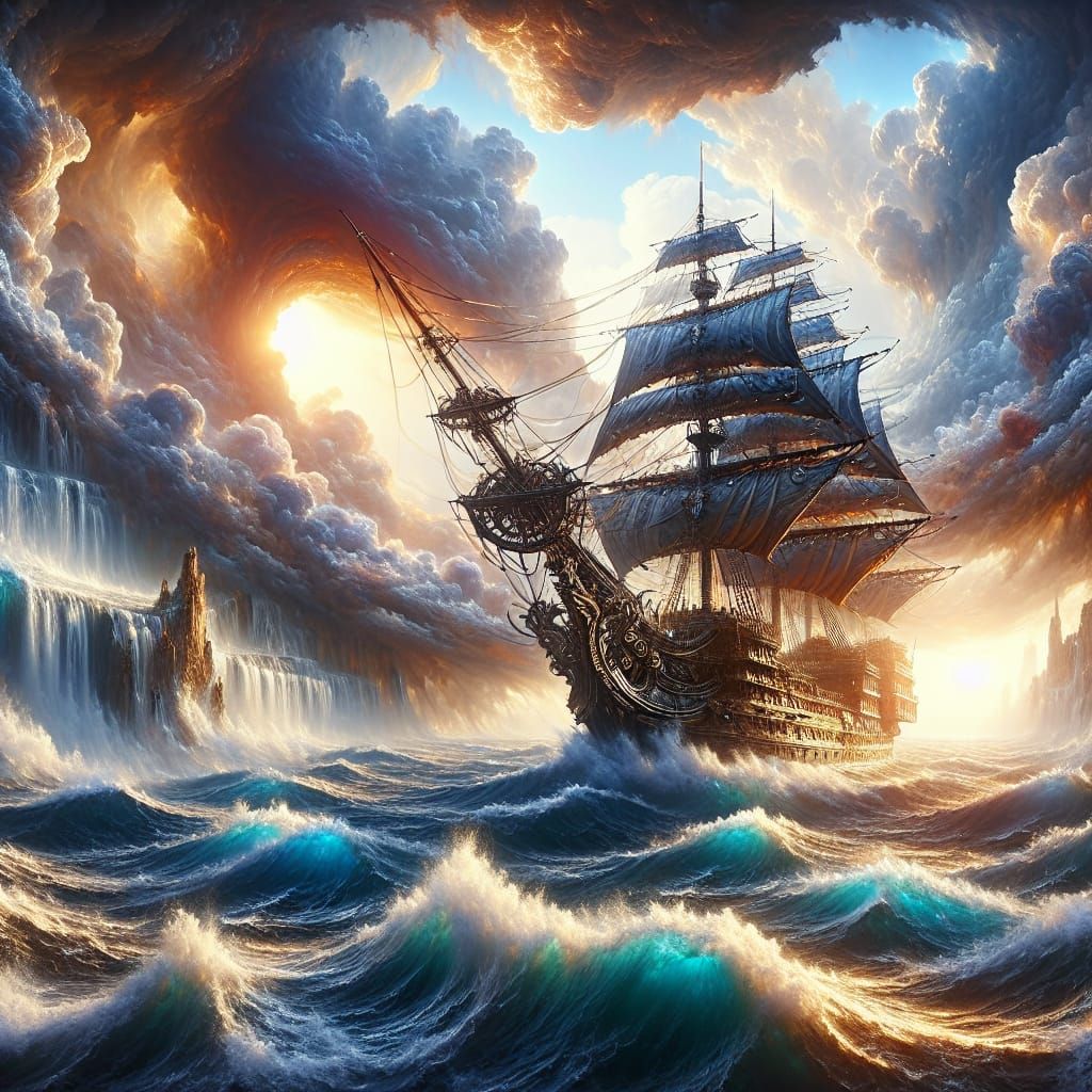 Detailed Pirate Ship on Stormy Sea, Matte Painting