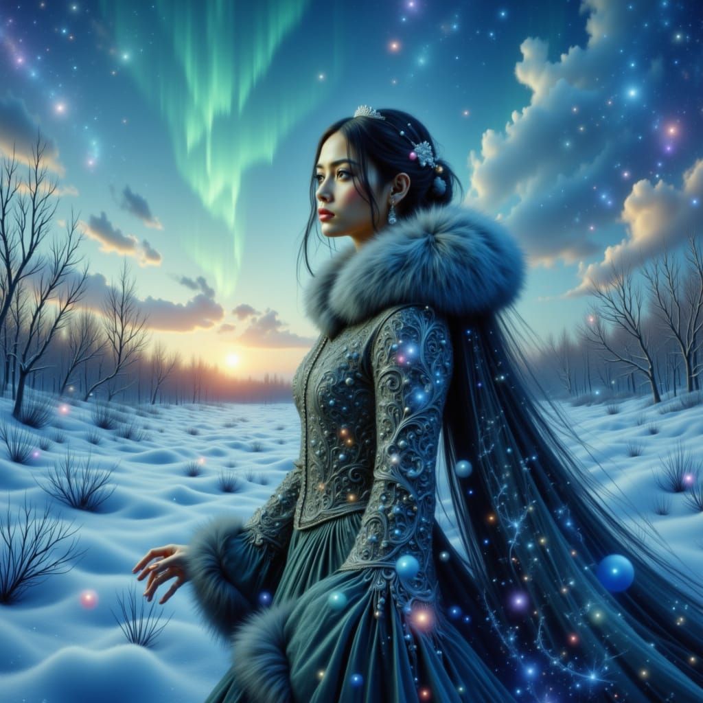 Siberian Princess Under Aurora Borealis in Dark Fantasy Styl...