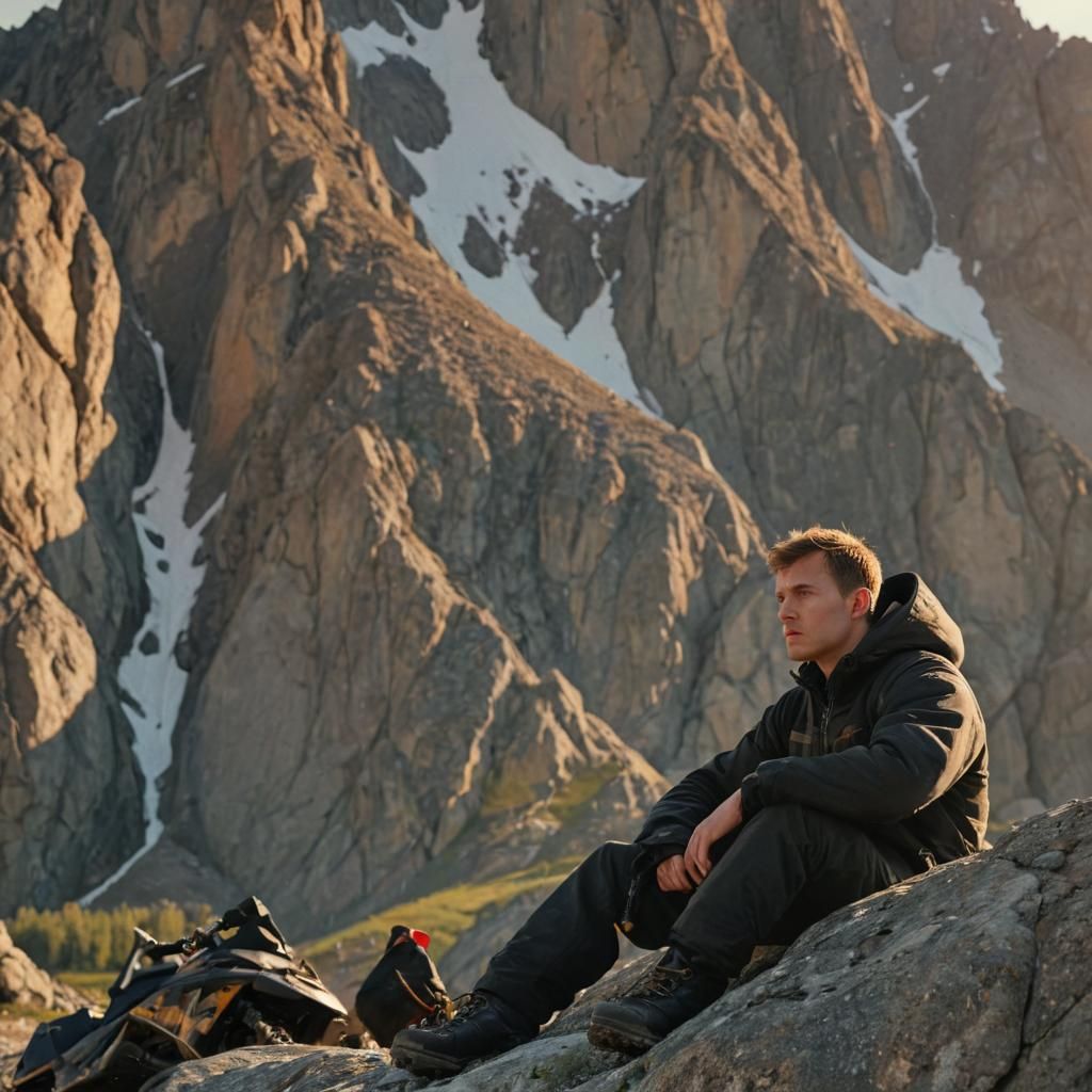 Pensive Boy in Mountain Landscape, Cinematic Photography
