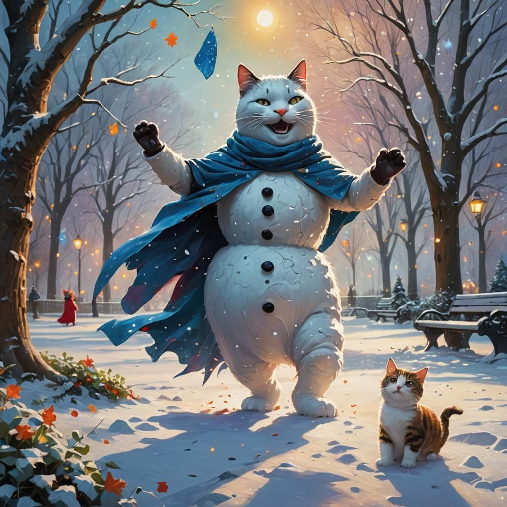 Happy Snowman and Superhero Cat in Park